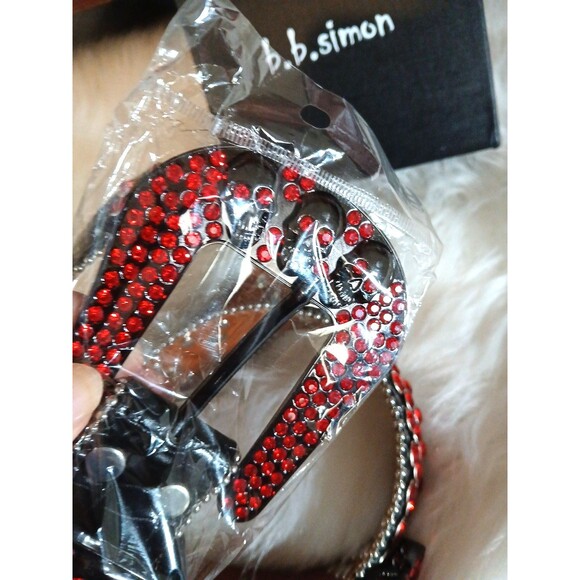 NEW in BOX B.B. Simon Belt Silver Studded w/Red Stones and Skulls Signature Logo - Picture 8 of 13